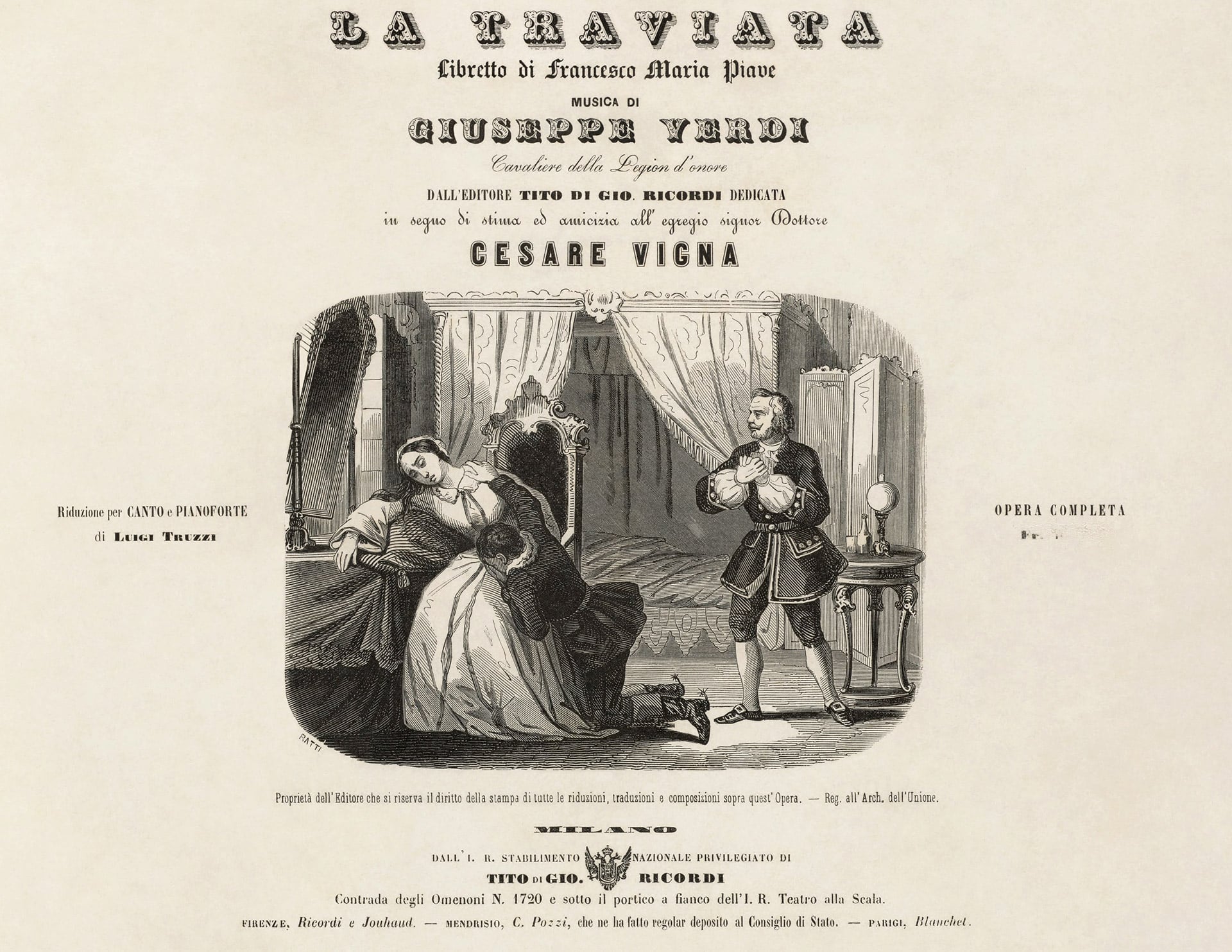 Εξώφυλλο από σπαρτίτο της ιδιαίτερα δημοφιλούς όπερας Τραβιάτα [La traviata] του Τζουζέππε Βέρντι. Αρχείο από τη Bιβλιοθήκη Χάρβαρντ [Harvard Library].