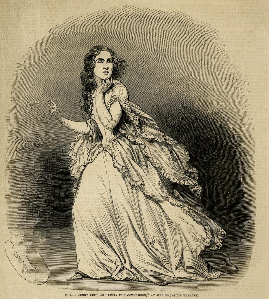 The Swedish soprano Johanna Maria “Jenny” Lind in the role of Lucia di Lammermmor at Her Majesty’s Theatre in London (Illustrated London News, 1848)